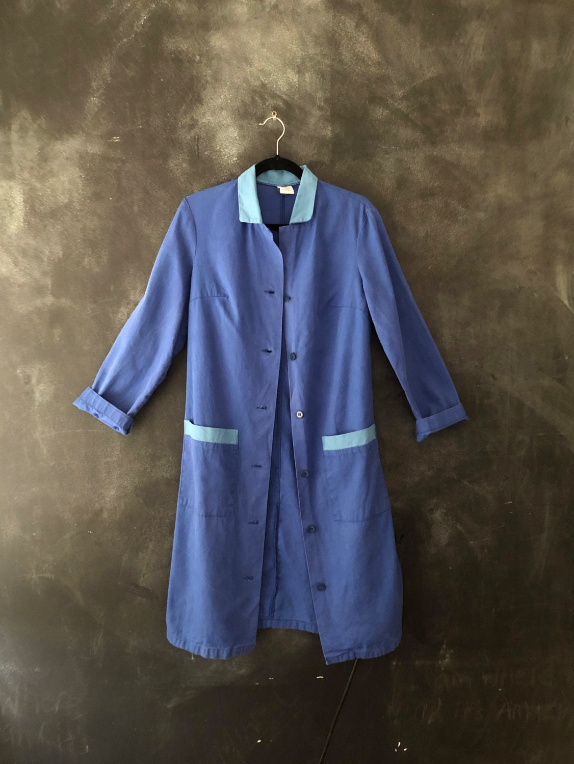 1950's Work Wear Indigo Baby Blue Long Chore Jacket Distressed Cotton ...