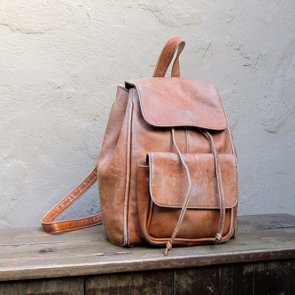 Vintage Distressed Camel Leather Rucksack Backpack Purse