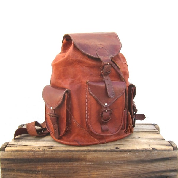 Vintage Large Rugged Tan Leather Rucksack Backpack