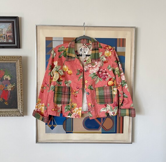 80's 90's Pink Green Fruit Floral Novelty Patchwork Plaid Cropped Jacket Blazer Cottage Core Wearable Art Summer Spring Ladies XS/S/M