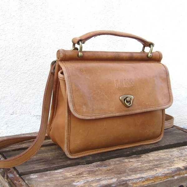 Vintage GUESS Distressed Small Tan Leather Kelly Style Shoulder Bag