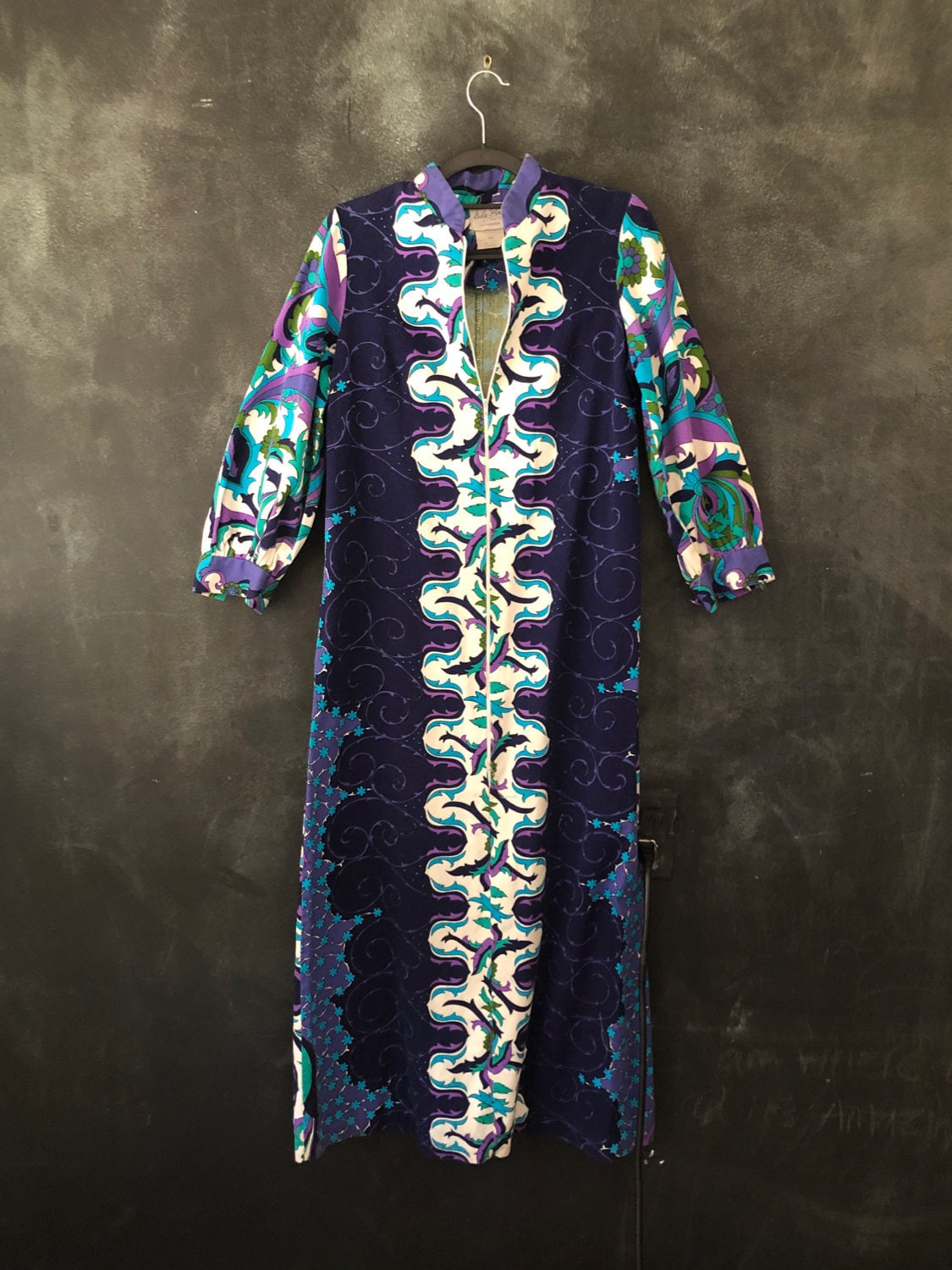 1960's 70s Bright Blue Cotton Kaftan House Coat Psychedelic Print Blue Purple Floral Maxi Dress