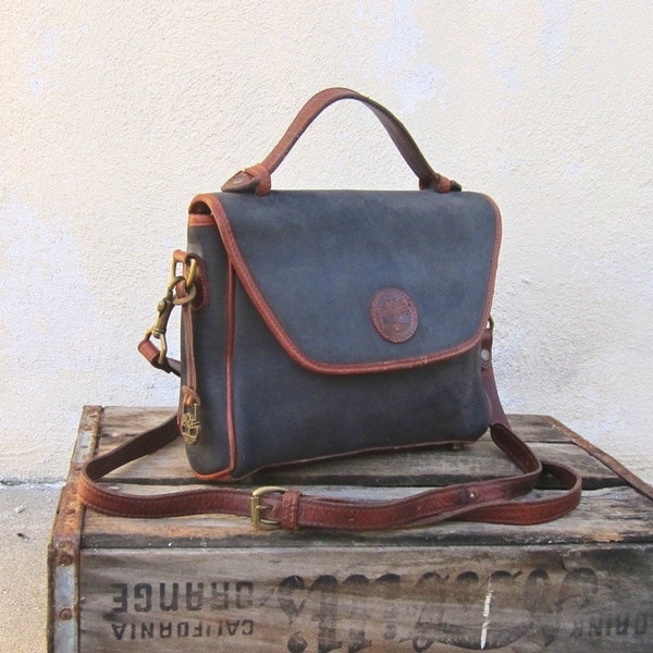 Vintage Distressed Black and Cognac Leather Satchel Messenger Bag by Timberlake