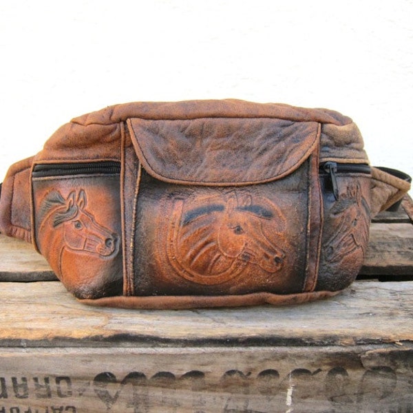 Vintage Tooled Horse Tan Leather Fanny Pack Travel Belt Bag