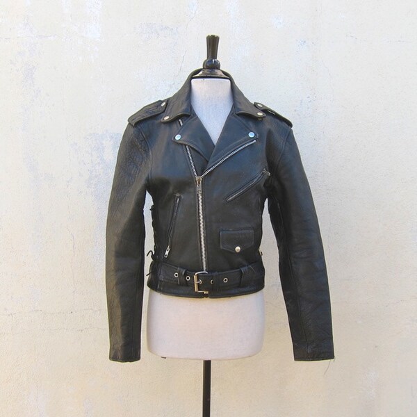 Vintage Distressed Rugged Black Leather Laced Motorcycle Biker Jacket Size 36 (Mens Small, Lades M)
