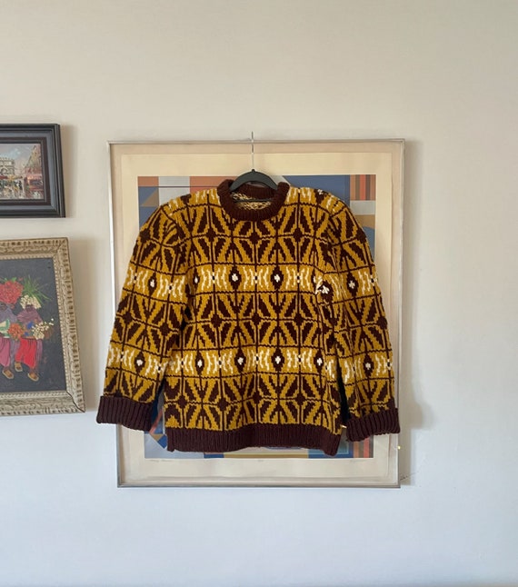 1960's 70's Marigold Brown Yellow Nordic Icelandic Chunky Hand Knit Sweater Puffed Sleeves Crewneck Americana Ladies XS/S/M