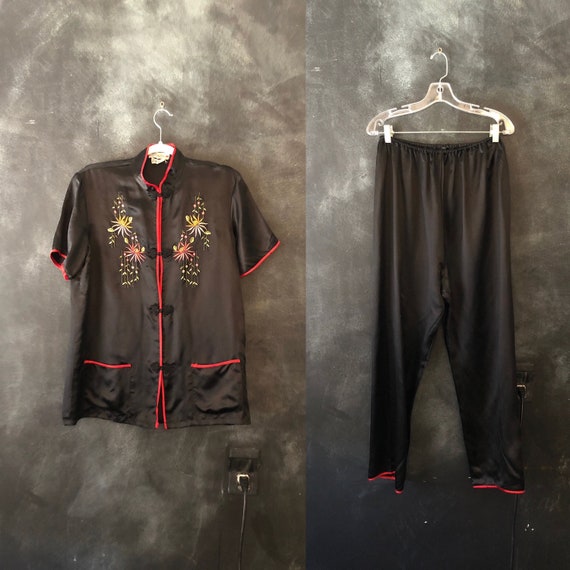 1980's Black Silk Embroidered Lounge Pj Pajama Set