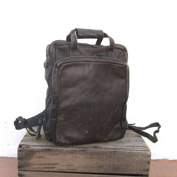 90s Distressed Chocolate  Brown Leather Backpack Modernist Minimalist Travel Laptop Bag