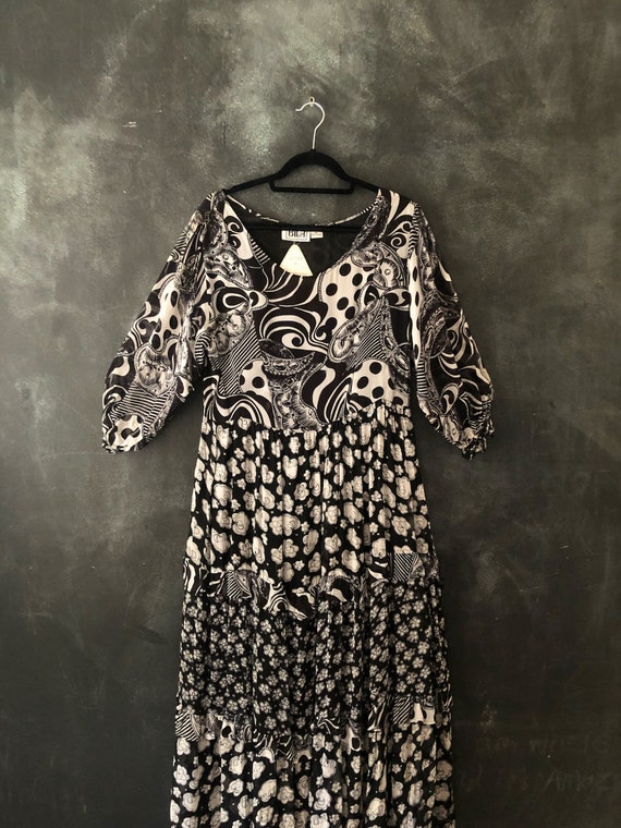 1990's Rayon Crepe Black and White Babydoll Patchw