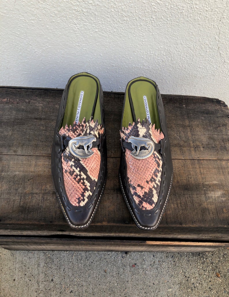 Donald J Pliner Brown Leather Pink Snakeskin Mules Slides Modern Minimal 90/'s Lizard Modernist Minimilst Trend Ladies Size 9