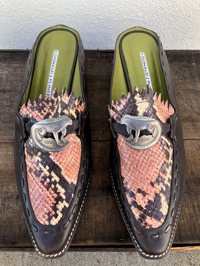 Donald J Pliner Brown Leather Pink Snakeskin Mules Slides Modern Minimal 90/'s Lizard Modernist Minimilst Trend Ladies Size 9
