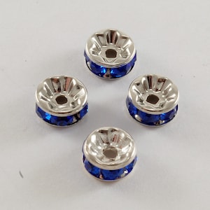 Vintage Rondelle Metal Spacer Beads Set of 4 Silver Tone Blue Rhinestones