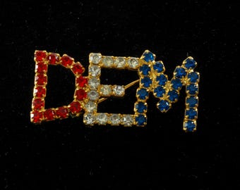 Broche de pin DEM vintage con diamantes de imitación rojos, blancos y azules del demócrata, accesorio de moda