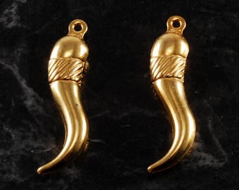 Vintage Gold Plated Brass "ITALIAN HORN" Hollow Center Metal Charms Pendants Pair 28 mm x 5 mm Jewelery Making NOS