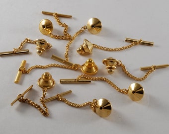 Lot Of 9 Gold Plated  Brass Clutch Pin Tie Tack Backs W Button Hole Chain New Old Stock