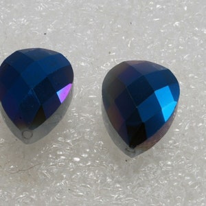 Vintage Glass Bead Pair Blue AB White Faceted Tear Drop Drilled Jewelry DIY 12mm x 17mm