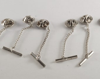 Lot Of 6  Antique Vintage Silver Plated  Steel Flat Back Clutch Pin Backs W Button Chain New Old Stock