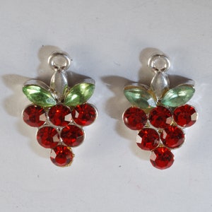 Vintage Bunch of Grapes Charm Red Rhinestones Silver Setting DIY Repurpose