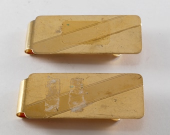 Vintage Money Clip Tradicional Diagonal Grabado Diseño Oro Chapado Latón Metal NOS 1950 Dañado