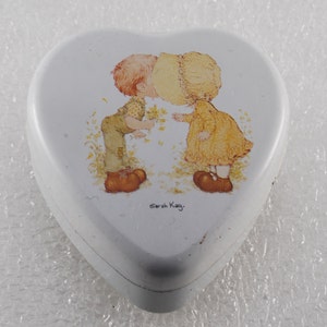 Vintage Heart Shaped Tin Boy Flowers Sarah Kay Valentine Australia Made Switzerland Trinket Stash Box