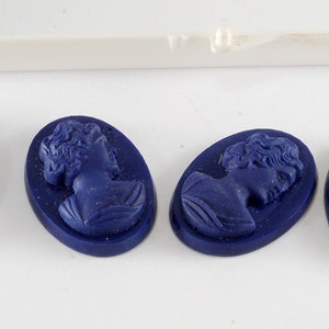 Vintage 1960&#39;s Glass Relief Lady Cabochon Lot of 4 Blue DIY Repurpose Jewelry Making 16x23mm