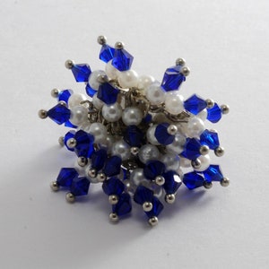Vintage Ring White Blue Beaded Pom Pom Top Silver Tone Metal Adjustable Fashion