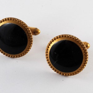 Vintage Antique Dull Gold Plated Metal Round Black Gem Men&#39;s Round Cuff Links NOS