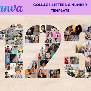 May include: A collage template with the numbers 1, 2, and 3, each composed of numerous small photographs of people. The word "Canva" is in the upper left, and the text "COLLAGE LETTERS & NUMBER TEMPLATE" is at the top.