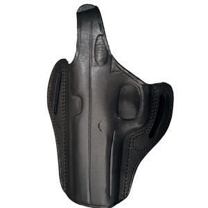 May include: A black leather holster featuring a moulded shape for a firearm, with reinforced stitching along the edges and integrated belt slots on both sides. The design includes a contoured top section and a smooth, matte finish throughout.