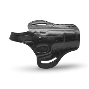 Op de afbeelding: Een zwart lederen holster met een gevormde vorm voor een vuurwapen, versterkte stiksels langs de randen en twee geïntegreerde riemsleuven voor bevestiging. Het oppervlak heeft een gladde, gepolijste afwerking met zichtbare contouren.
