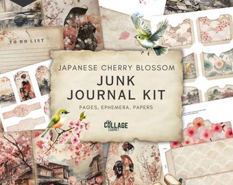 Cherry Blossom Junk Journal Kit, Japan Junk Journal Pages, Vintage Japanese Printable Ephemera, Sakura Paper, Asian Background