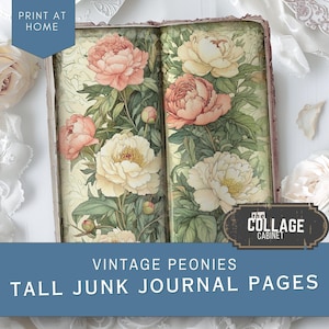Tall Junk Journal Pages Peonies, Digital Printable Pages, Slim Lined, Pastel, Vintage Ephemera, Scrapbook Kit, Instant Download for Journals
