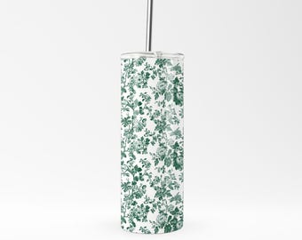 Groene toile roestvrijstalen beker met bloemen - GRATIS rietje