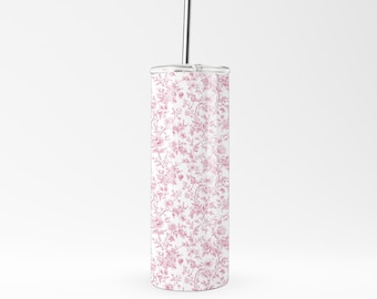 Copo térmico de aço inoxidável com estampa floral rosa e canudo GRÁTIS