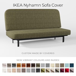 May include: IKEA Nyhamn Sofa Cover in a green corduroy fabric. Custom made by Covereo. New vibrant colors and nudes: mustard, brown, gray, beige, teal, blue, red, pink, and more.