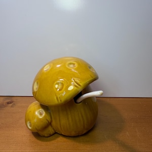 May include: A ceramic mushroom-shaped container in a mustard yellow color, with a matching lid and a small, white spoon inside. The mushroom has a textured surface with small, circular indentations.