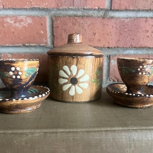 Hand Painted Ceramic Lidded Box and Matching Egg Cups-Set of Three