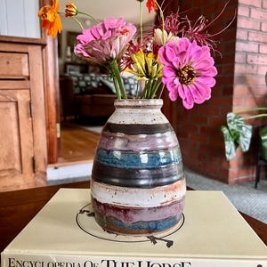 Vintage 1986 Striped Handmade Pottery Vase