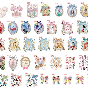 Op de afbeelding: Een verzameling kleurrijke stickers en decals met Disney-thema. De ontwerpen omvatten verschillende personages, kastelen, strikken en bloemenframes. De stickers zijn in verschillende vormen en maten, met een verscheidenheid aan kleuren en details.