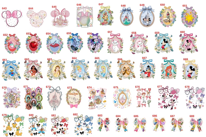 Op de afbeelding: Een verzameling kleurrijke stickers en decals met Disney-thema. De ontwerpen omvatten verschillende personages, kastelen, strikken en bloemenframes. De stickers zijn in verschillende vormen en maten, met een verscheidenheid aan kleuren en details.