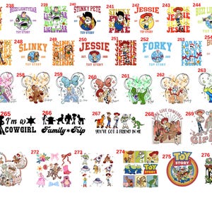 May include: A collection of Toy Story themed graphic designs numbered 236 through 276, featuring various characters like Woody, Buzz Lightyear, Jessie, and others in colorful illustrations, text-based logos, and character silhouettes on a white background.