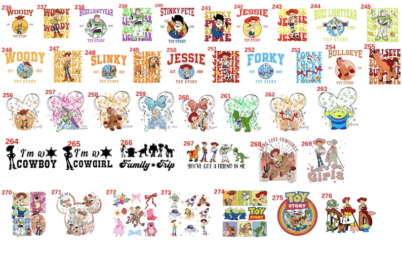 May include: A collection of Toy Story themed graphic designs numbered 236 through 276, featuring various characters like Woody, Buzz Lightyear, Jessie, and others in colorful illustrations, text-based logos, and character silhouettes on a white background.