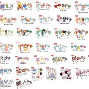Op de afbeelding: Een verzameling Disney-thema oorhoofdbanden, elk met unieke ontwerpen en karakterillustraties. De hoofdbanden bevatten verschillende personages, citaten en thema's, waaronder prinsessen en zinnen zoals "Part of your World."