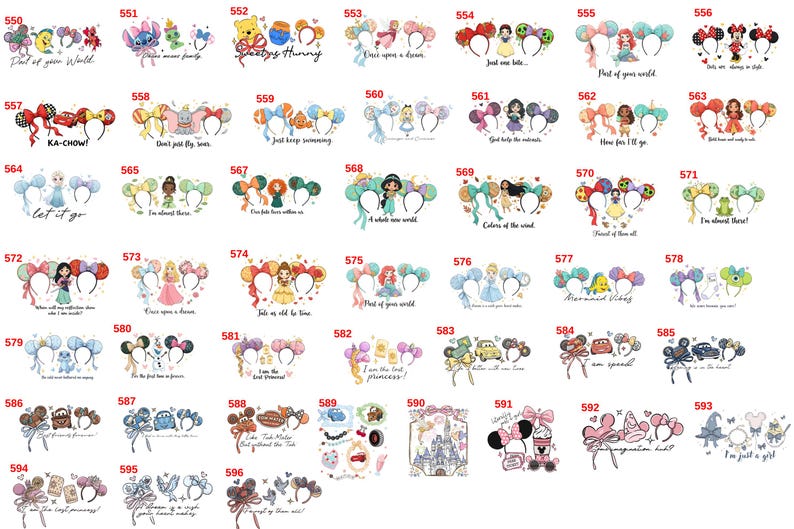 Op de afbeelding: Een verzameling Disney-thema oorhoofdbanden, elk met unieke ontwerpen en karakterillustraties. De hoofdbanden bevatten verschillende personages, citaten en thema's, waaronder prinsessen en zinnen zoals "Part of your World."