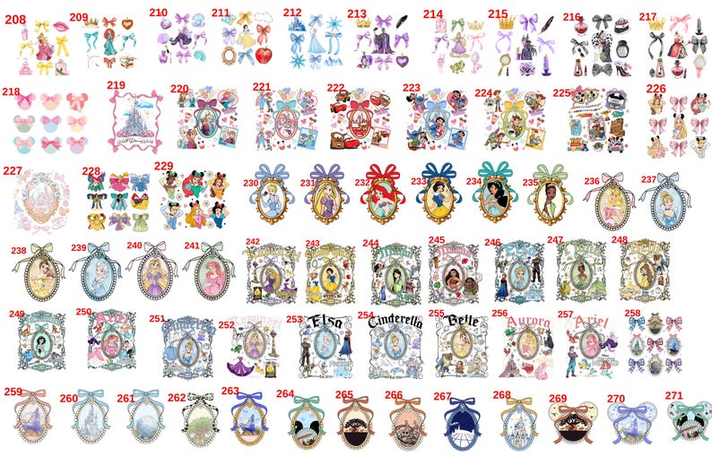 Op de afbeelding: Een verzameling stickers en strikken met verschillende Disney-personages en thema's. De ontwerpen omvatten prinsessen, kastelen en andere gerelateerde elementen, met een verscheidenheid aan kleuren en stijlen. De afbeelding is een collage van verschillende stickerontwerpen.