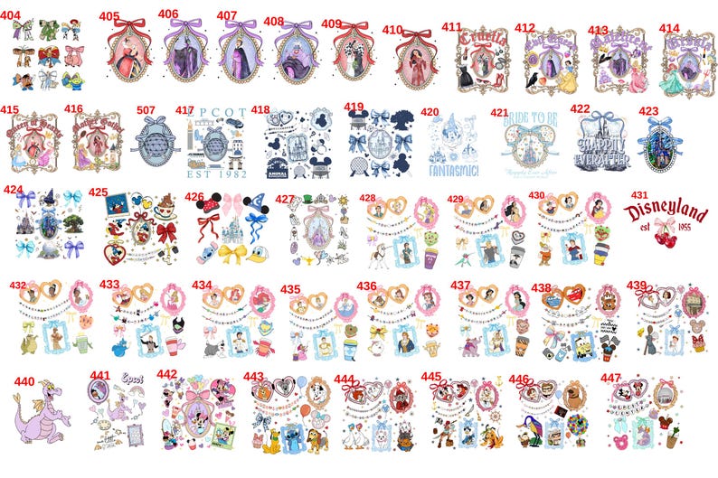 Op de afbeelding: Een verzameling Disney-stickers en -decals. De ontwerpen omvatten verschillende personages, strikken, frames en het Disneyland-logo. Het kleurenpalet is divers, met roze, blauw, paars en rood. De stickers zijn gerangschikt in een raster.