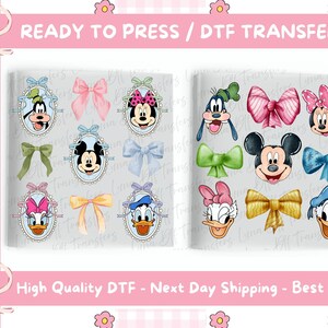 May include: DTF transfers featuring cartoon characters and bows. The image includes characters like Mickey Mouse, Minnie Mouse, Donald Duck, and Goofy, along with various bows in pink, blue, yellow, and green. Text reads "READY TO PRESS / DTF TRANSFERS".