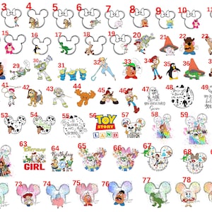 May include: A collection of eighty numbered graphic designs featuring various cartoon characters, including cowboys, space rangers, dinosaurs, and pigs, often framed within Mickey Mouse ear silhouettes or accompanied by text like Toy Story Land.