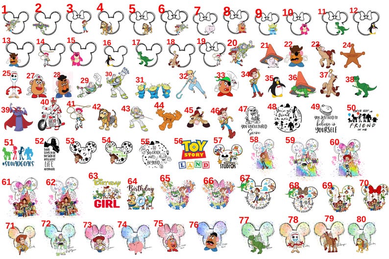 May include: A collection of eighty numbered graphic designs featuring various cartoon characters, including cowboys, space rangers, dinosaurs, and pigs, often framed within Mickey Mouse ear silhouettes or accompanied by text like Toy Story Land.