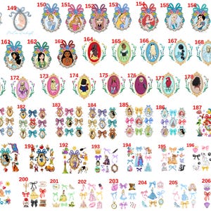 Op de afbeelding: Een verzameling diverse illustraties met personages uit animatiefilms, waaronder portretten in ovale frames met bloemen- en strikaccenten, en sets strikken en accessoires. Het kleurenpalet omvat pasteltinten en levendige kleuren.